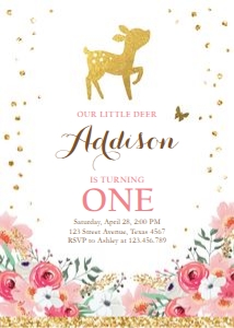 Birthday Invitation Little Deer Floral Gold design preview