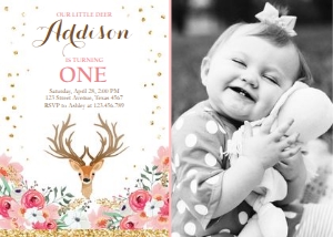 Birthday Invitation Deer Woodland Antler Floral - With Photo design preview