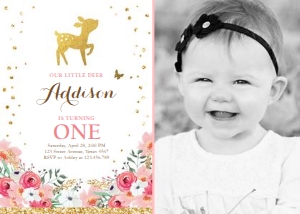 Birthday Invitation Deer Woodland Floral Gold Photo design preview