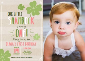 Birthday Invitation St Patricks Day Shamrock Brown Pink - With Photo design preview