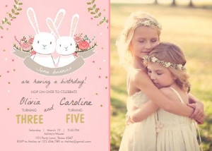 Birthday Invitation Bunny Twins Pink - With Photo design preview