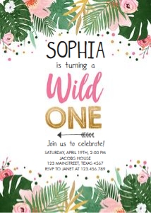 Birthday Invitation Safari Wild One Girl Tropical Leaves design preview
