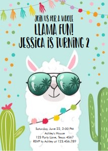 Birthday Invitation Llama Sunglasses Blue design preview