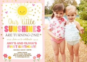 Birthday Invitation Little Sunshines Pink Twins- With photo design preview