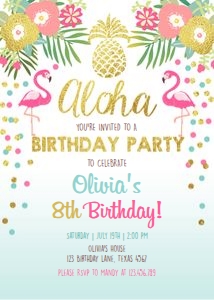 Birthday Invitation Aloha Tropical Flamingo Blue design preview