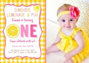 Birthday Invitation Sunshine Lemonade Yellow Gingham - With Photo: Birthday Invitation Sunshine Lemonade Yellow Gingham - With Photo