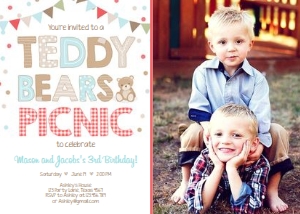 Birthday Invitation Teddy Bears Picnic Boy Blue - With Photo design preview