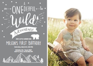 Birthday Invitation Onederful Wild Adventure Grey - with photo design preview