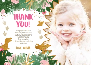 Thank You Card Dinosaur Gold Girl - With photo design preview