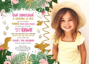 Birthday Invitation Dinosaur Girl White - with photo design preview