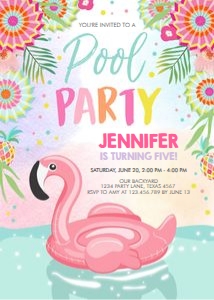 Birthday Invitation Pool Party Flamingo Multicolor design preview