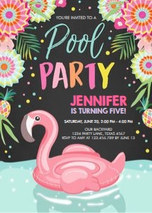 Birthday Invitation Pool Party Flamingo Black design preview