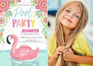 Birthday Invitation Pool Party Flamingo White - With Photo design preview
