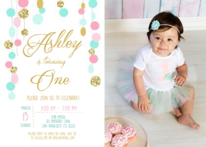 Birthday Invitation Confetti Girl Pink Mint Gold - With Photo: Birthday Invitation Confetti Girl Pink Mint Gold - With Photo