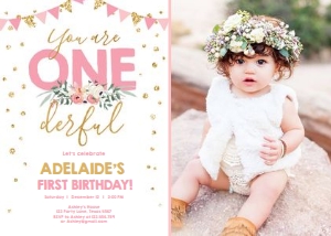 Birthday Invitation Onederful Pink Gold Girl Photo design preview