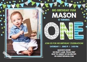 First Birthday Invitation Confetti One Boy Photo Chalk design preview