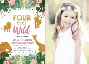 Birthday Invitation Safari Animals Fourever Wild Girl photo design preview
