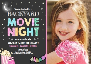 Birthday Invitation Movie Night Girl Pastel - With Photo design preview