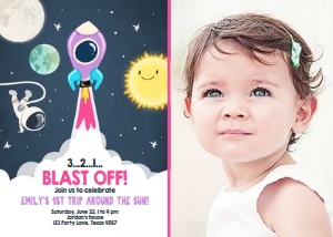 Birthday Invitation Space Rocket Girl - With Photo design preview
