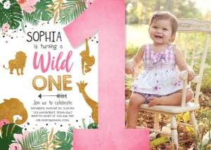 Birthday Invitation Safari Animals Wild One Girl With Photo design preview