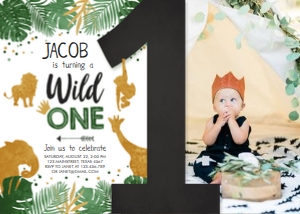 Birthday Invitation Safari Animals Wild One Boy Black - With Photo design preview