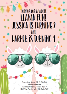 Birthday Invitation Llama Twins design preview