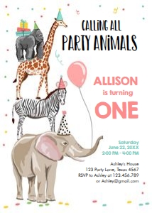 Birthday Invitation Party Animals Girl Vertical design preview