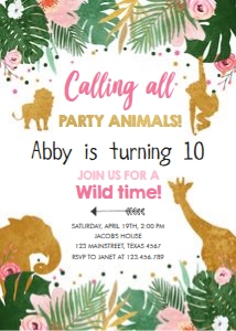 Birthday Invitation Safari Calling All Party Animals Girl design preview