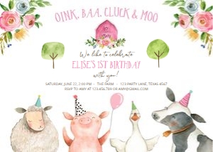 Birthday Invitation Farm Animals Girl Horizontal design preview