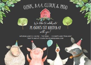 Birthday Invitation Farm Animals Boy Black: Birthday Invitation Farm Horizontal Black