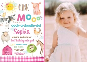 Birthday Invitation Farm Animals Girl White - With Photo design preview