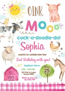Birthday Invitation Farm Animals Girl White design preview