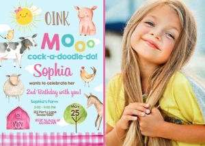 Birthday Invitation Farm Animals Girl Blue - With Photo design preview