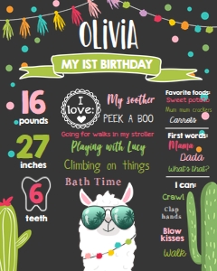 Birthday Milestones Sign Llama Sunglasses Chalk Girl design preview