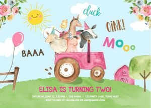 Birthday Invitation Farm Tractor Girl Blue design preview