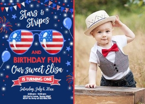 Birthday Invitation 4th of July Blue - With Photo design preview