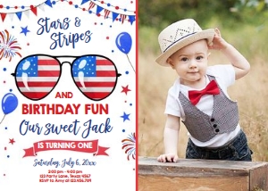 Birthday Invitation 4th of July White - With Photo design preview