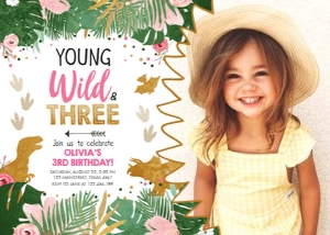 Birthday Invitation Dinosaur Young Wild and Three Girl Photo design preview