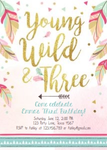 Birthday Invitation Boho Feathers Young Wild and Three design preview