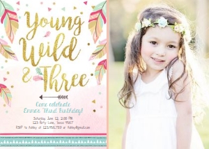 Birthday Invitation Young Wild and Thee Feathers - With Photo design preview