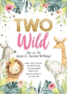 Birthday Invitation Safari Animals Two Wild Pink design preview
