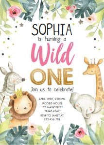 Birthday Invitation Safari Animals Wild One Pink design preview