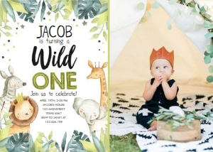 Birthday Invitation Safari Animals Wild One Boy - With photo design preview