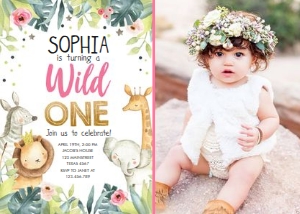 Birthday Invitation Safari Animals Wild One Pink - With Photo design preview