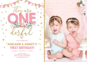 Birthday Invitation Onederful Pink Girl Twins - With Photo design preview