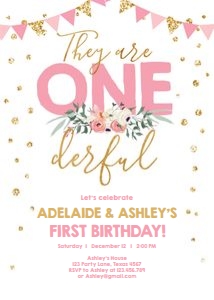 Birthday Invitation Onederful Twins Pink Gold Girl design preview