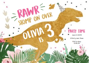 Birthday Invitation Dinosaur Three-Rex Girl design preview