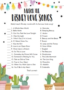 Bridal Shower Game Disney Love Songs Fiesta Cactus design preview