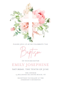 Baptism Invitation Botanical Flowers Girl v2: Baptism Invitation Botanical Flowers Girl v2
