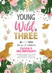 Birthday Invitation Young Wild and Three Dinosaur Girl design preview